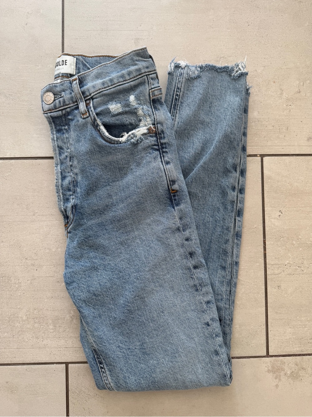 AGOLDE Size 23 Distressed Straight Leg Jeans Raw Frayed Hem Stretch Denim